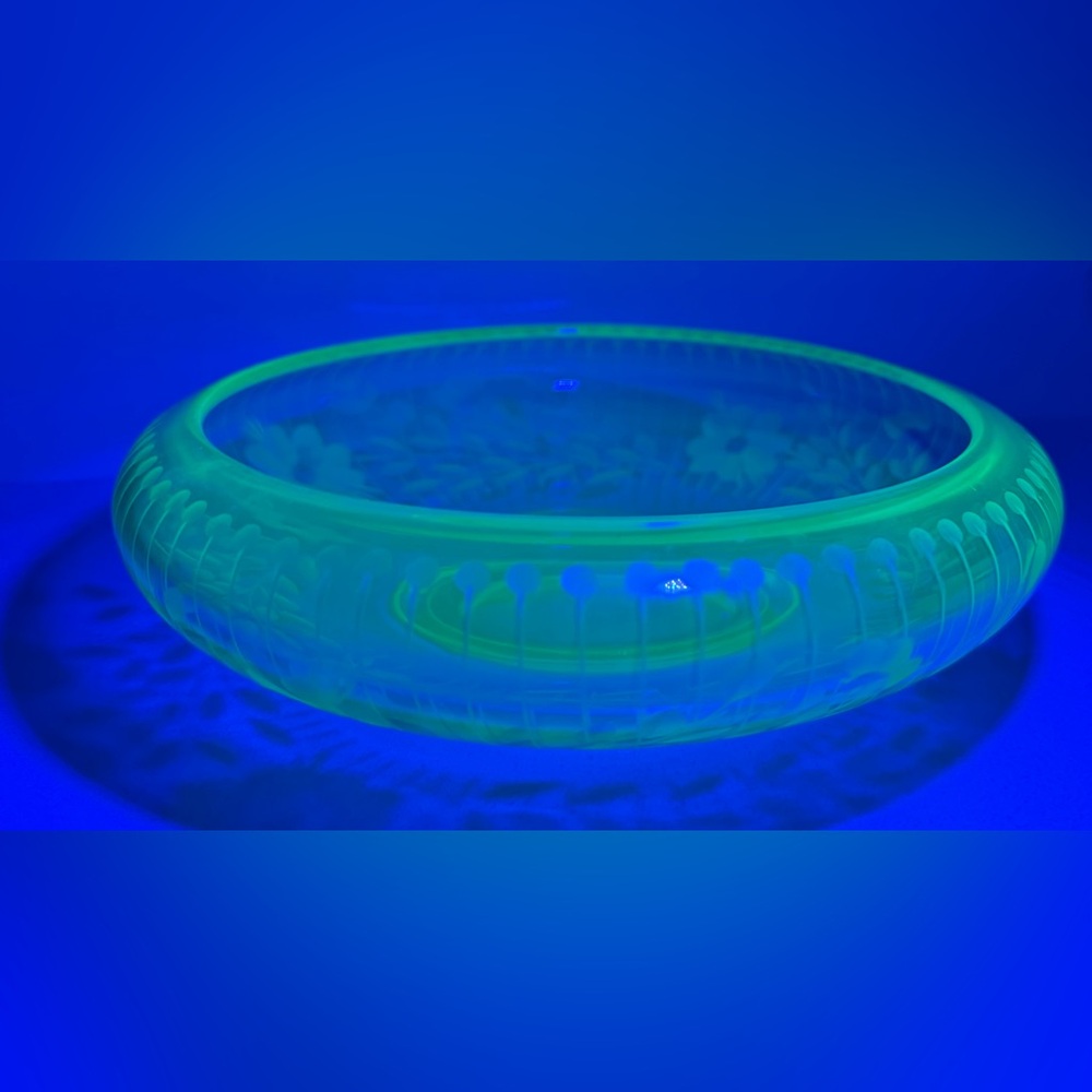 Vintage Etched Uranium Green Glass Bowl 💚 | Art Glass Centerpiece
